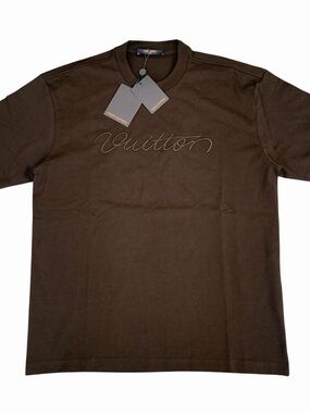 Louis Vuitton Signature Embroidered Brown T-Shirt Men’s Size Small
